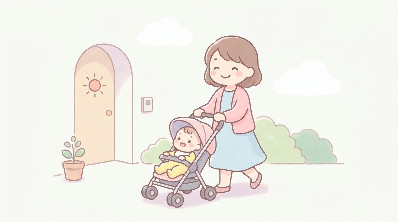 ベビーカーを押して子育て支援センターの入口に向かう、明るい表情の母親と赤ちゃん