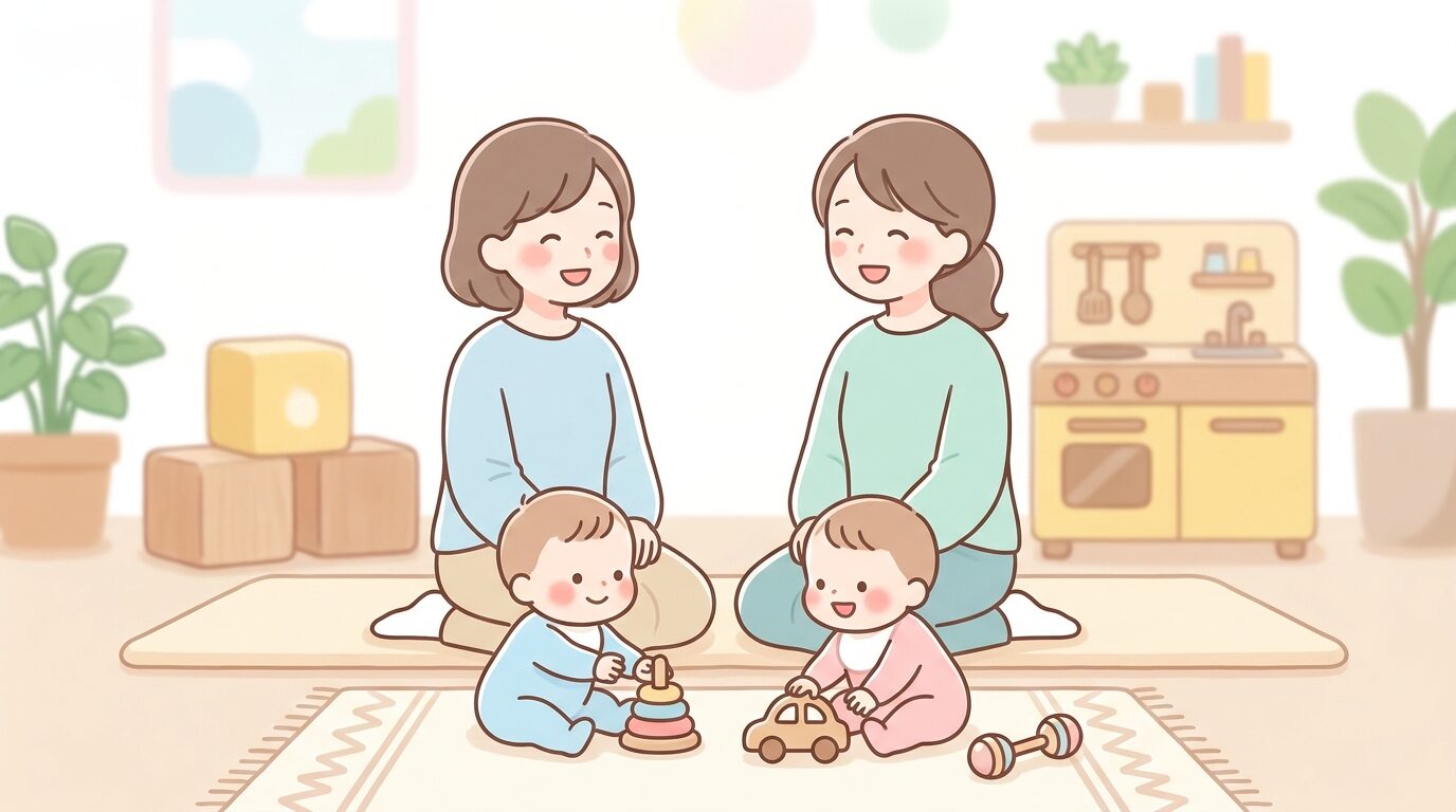 支援センターの木製おもちゃで遊ぶ赤ちゃんたちを、隣同士で見守りながら談笑する母親たち