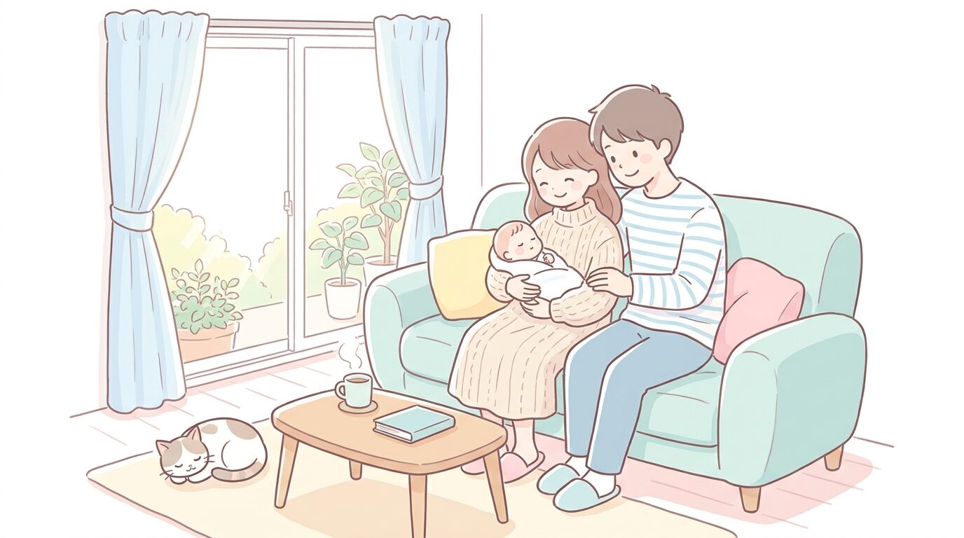 自宅のリビングで生まれたばかりの赤ちゃんを抱きながら微笑む母親と寄り添う父親、明るく穏やかな雰囲気