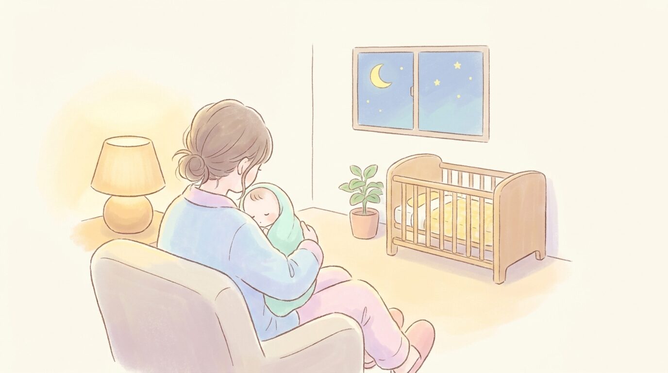 夜中に赤ちゃんを抱いてあやす母親の後ろ姿、優しい間接照明に照らされた静かな部屋