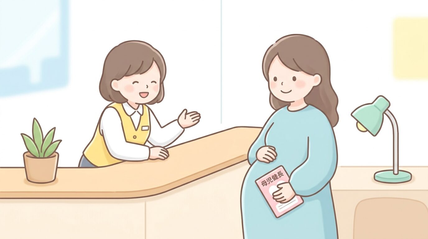 自治体の窓口で母子健康手帳を手に職員に相談する妊婦、明るく清潔感のある区役所のカウンター