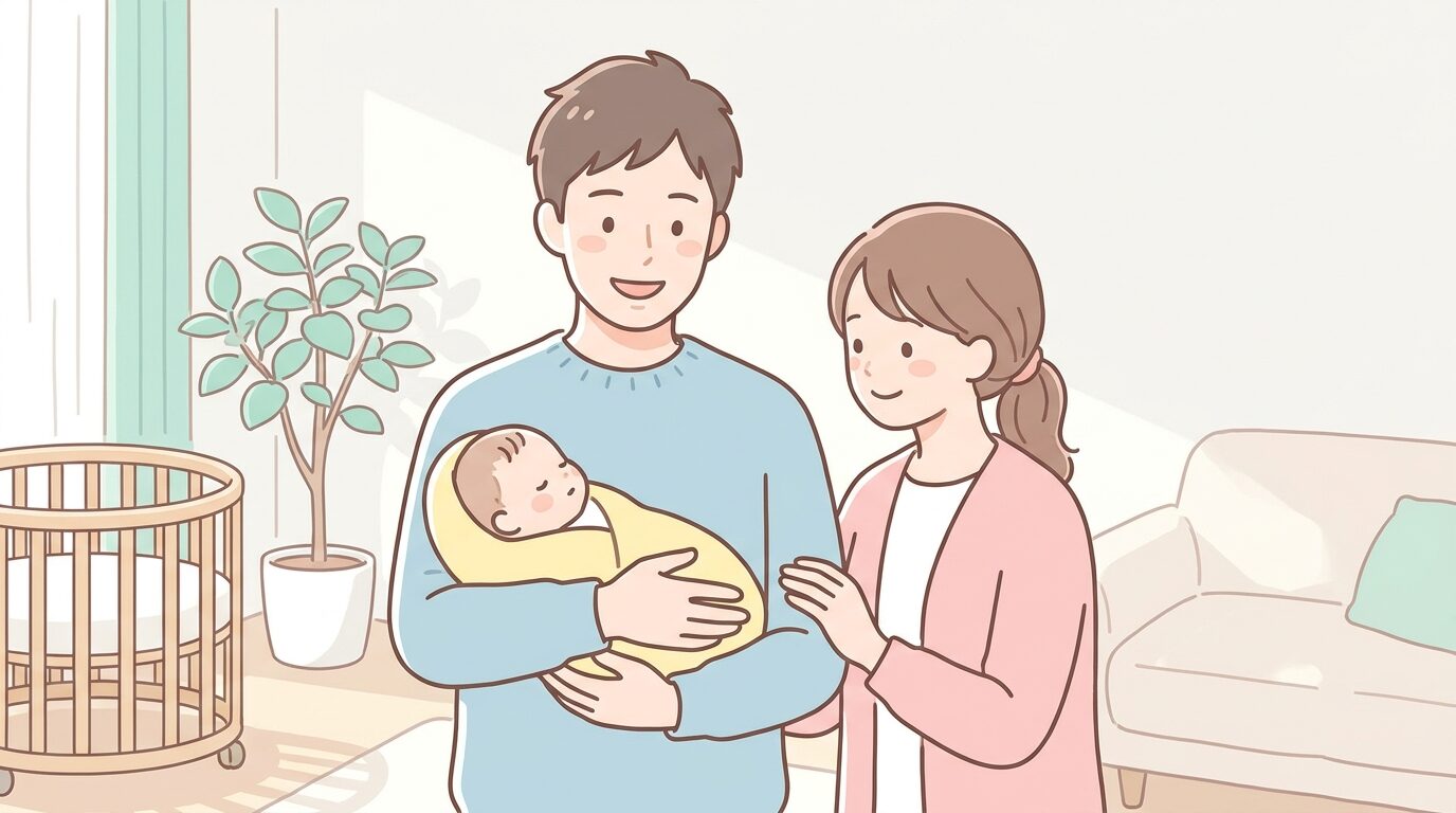 生まれたばかりの赤ちゃんを抱っこして優しく微笑む30代のパパと、隣で見守るママの温かい家庭の風景