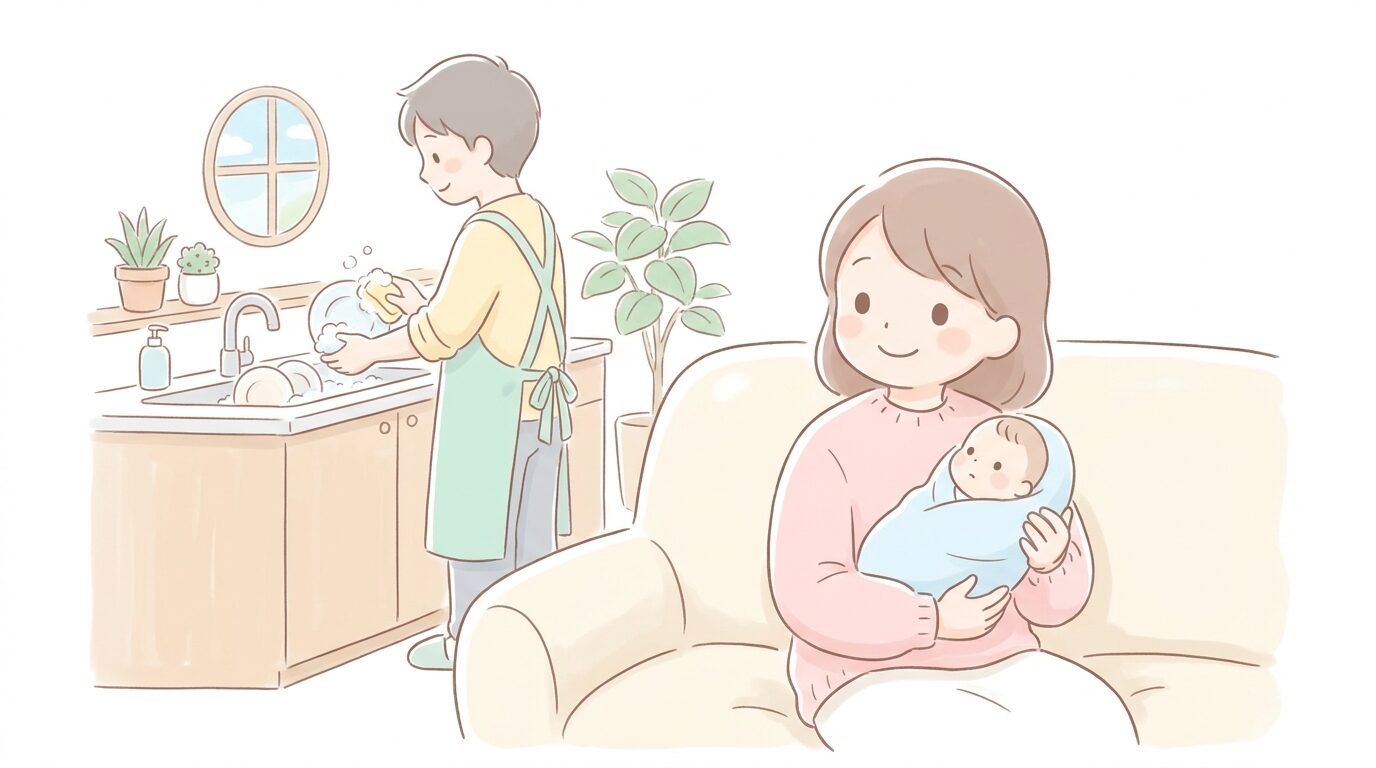 キッチンで洗い物をするパパと、リビングで赤ちゃんを抱っこしながら笑顔で見守るママの日常の一コマ