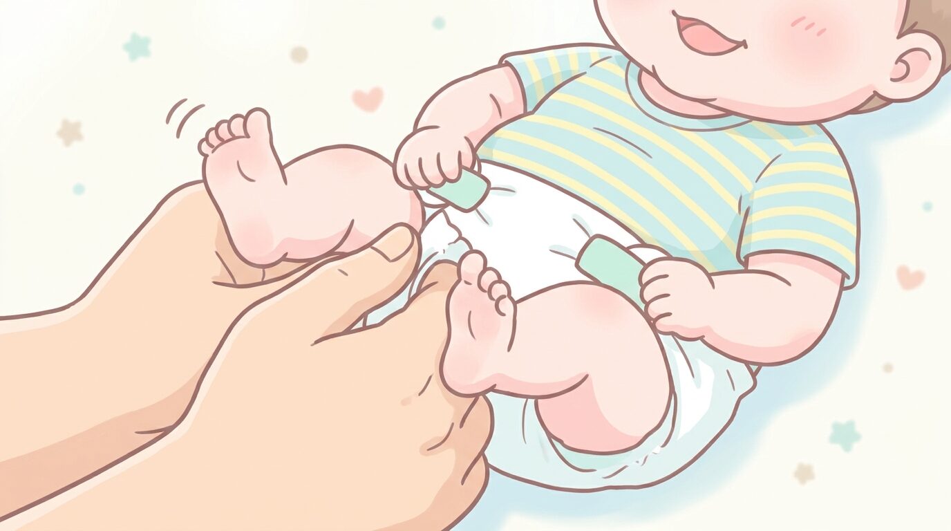 おむつ替えをするパパの手元と、足をバタバタさせて笑う生後数か月の赤ちゃんのアップ