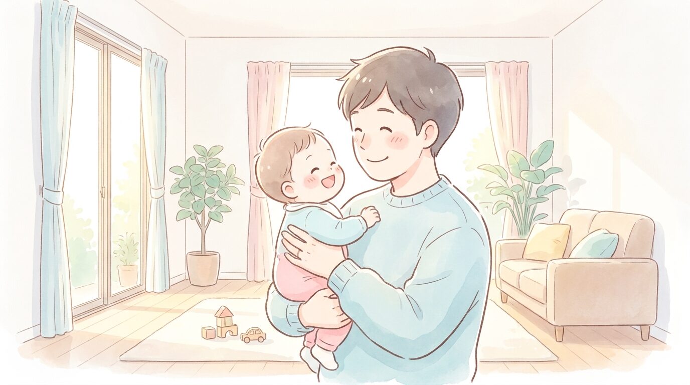 笑顔で赤ちゃんを抱っこしながら見つめ合う30代の父親、明るいリビングの自然光の中で