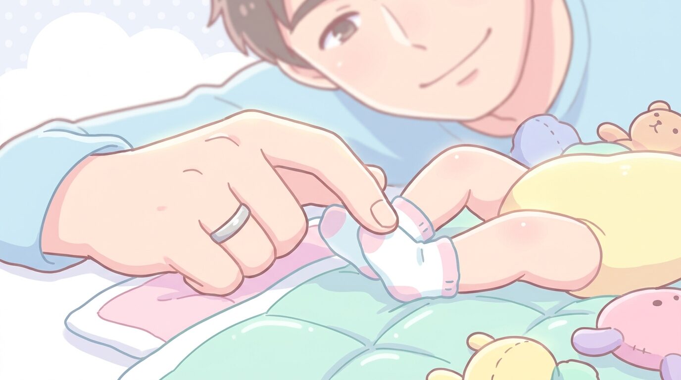 床に寝転んだ赤ちゃんと目線を合わせて笑いかける父親の手元と赤ちゃんの足