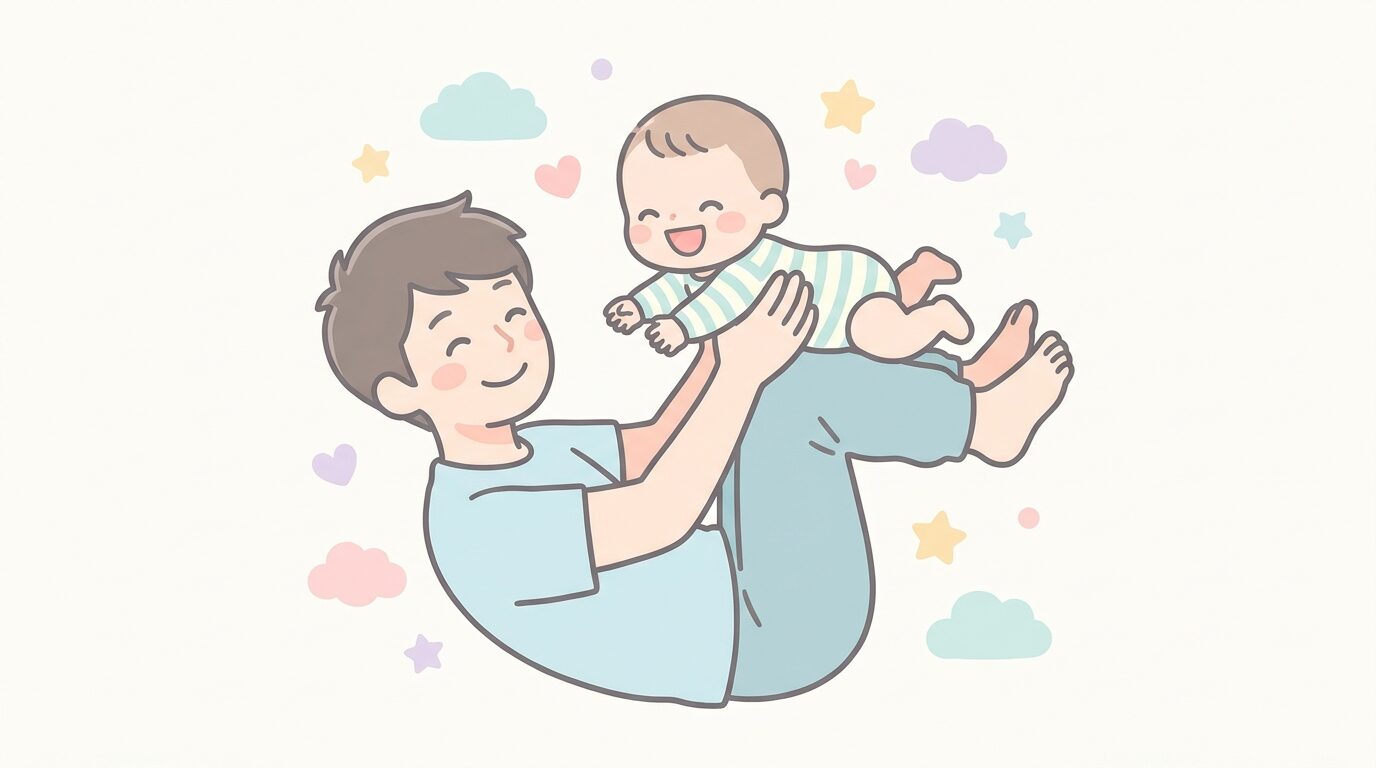 父親が仰向けに寝て足の上に赤ちゃんを乗せ飛行機ごっこで遊ぶ様子、笑顔の親子