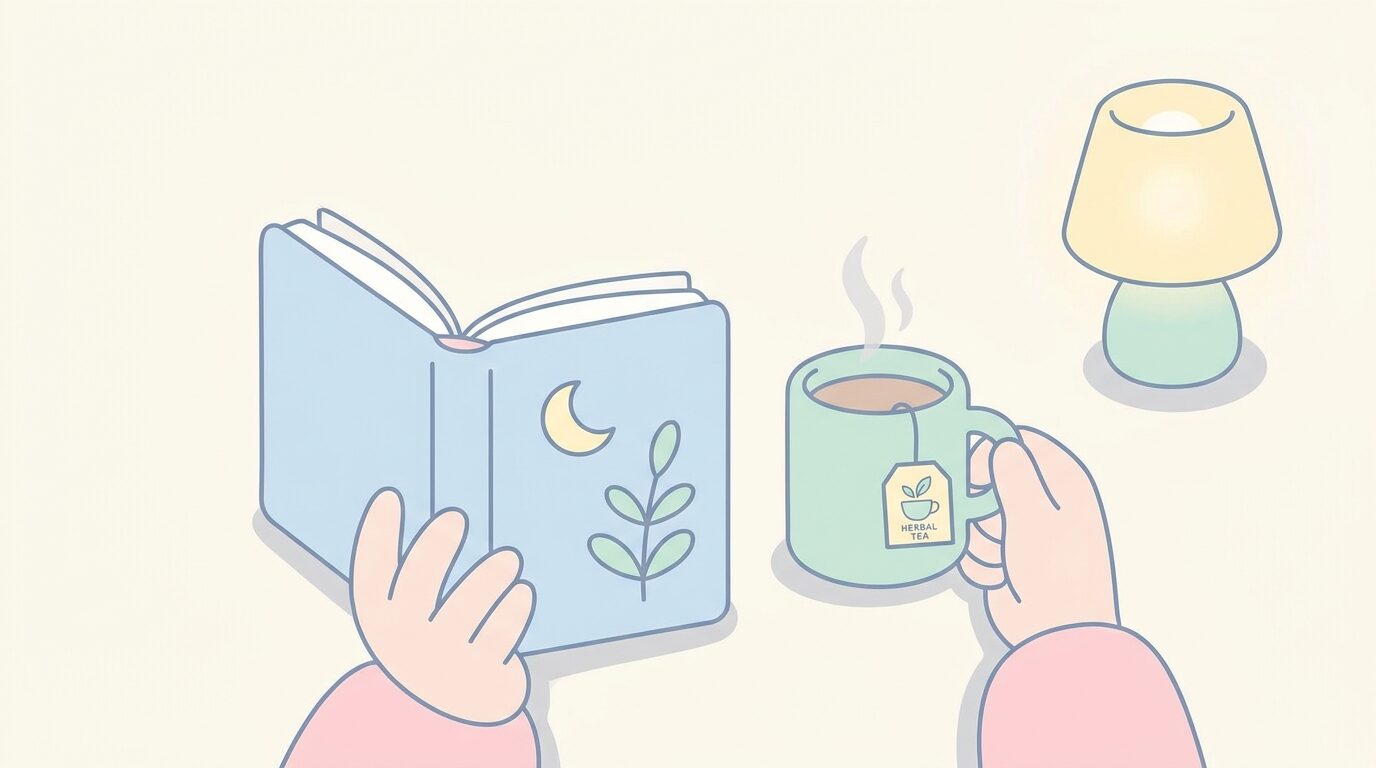 子どもが寝た後、間接照明の下でハーブティーを飲みながら本を読む親の手元