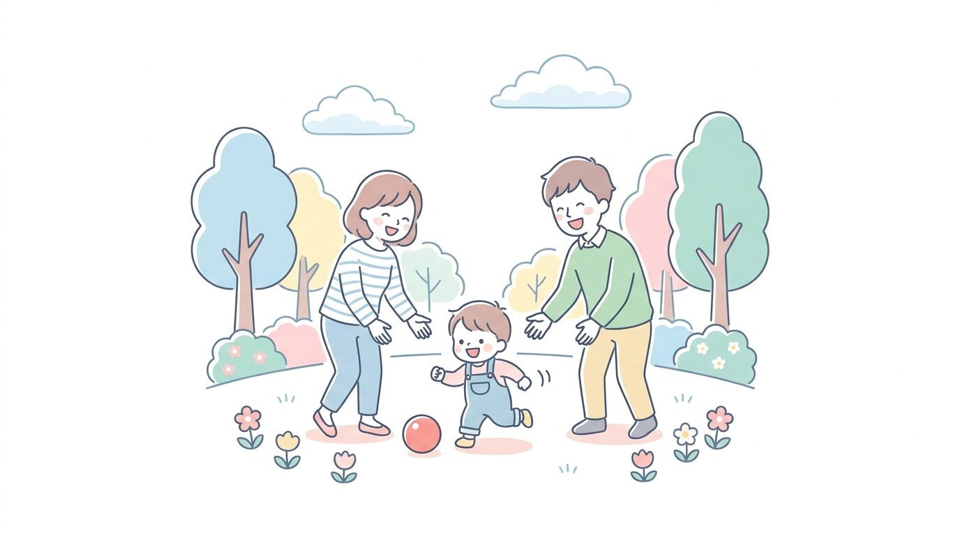 公園で子どもと一緒に笑い合いながら遊ぶ夫婦の様子