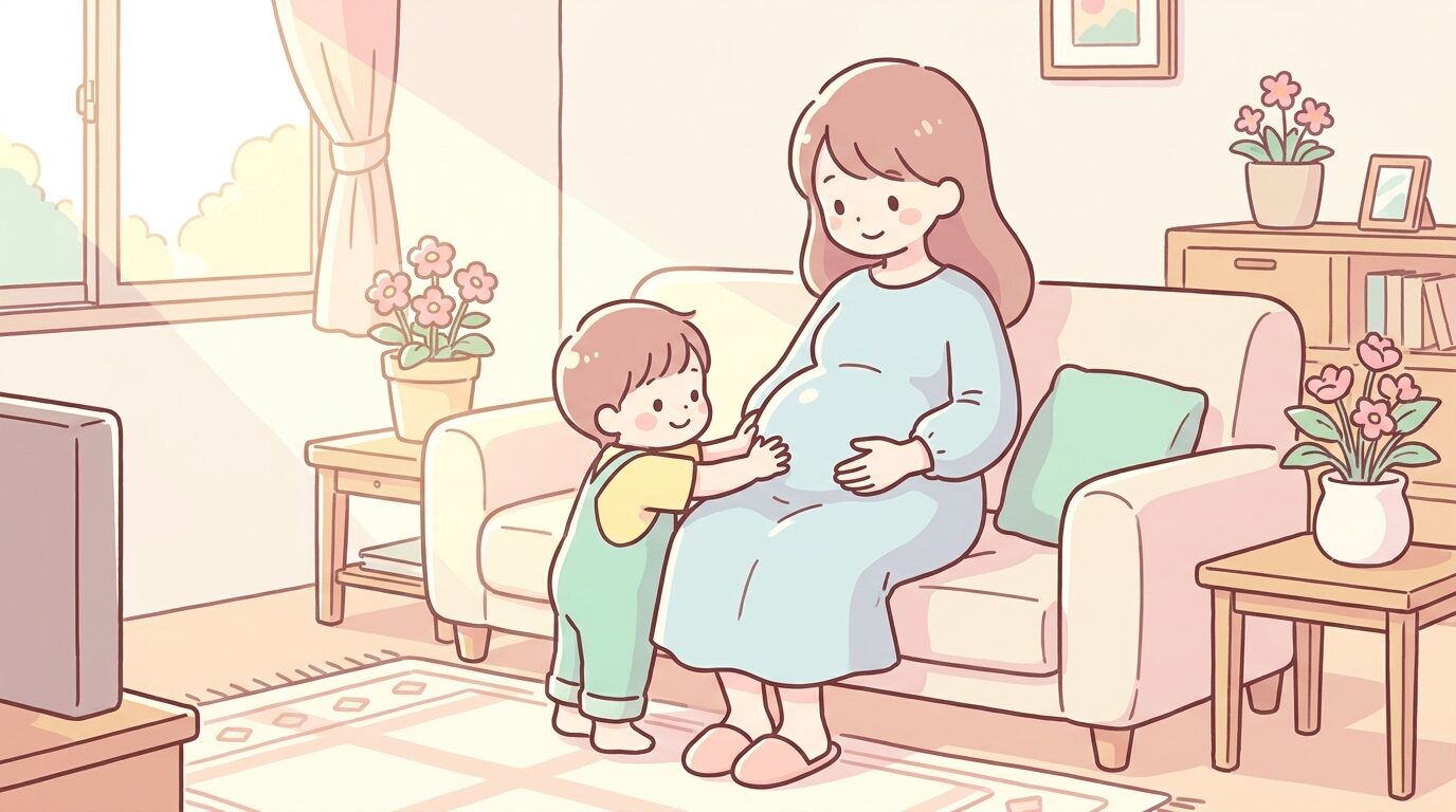 大きなお腹をやさしくさする母親のお腹に、小さな手をそっと当てている2〜3歳の子どもの様子。あたたかい日差しが差し込むリビング