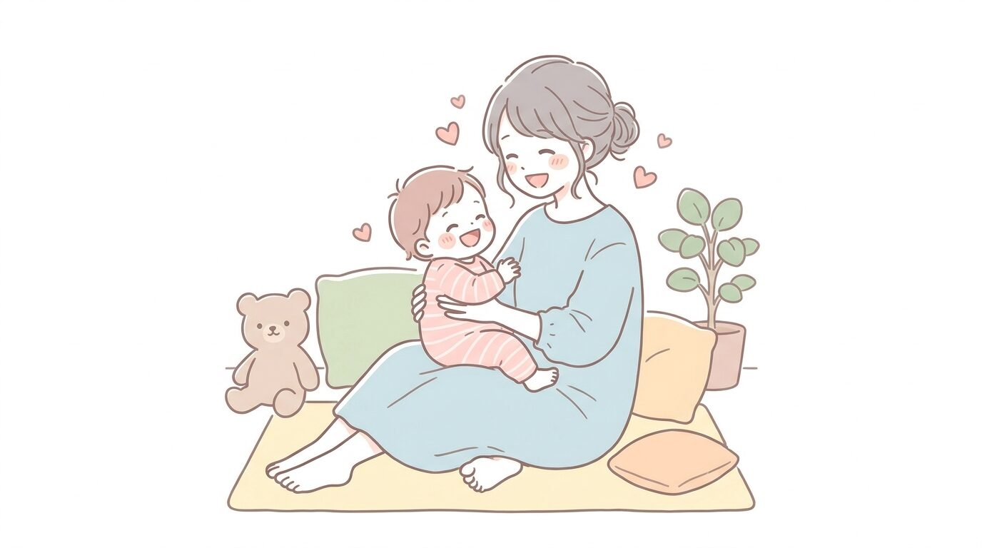 床に座った母親が、ひざの上で上の子を赤ちゃんのように抱っこしてあやしながら笑い合っている、温かい家庭の一場面