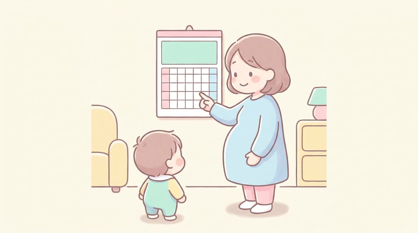 カレンダーを指さしながら、子どもに「ママが帰ってくる日」を笑顔で説明している母親と、それを見上げる子どもの後ろ姿