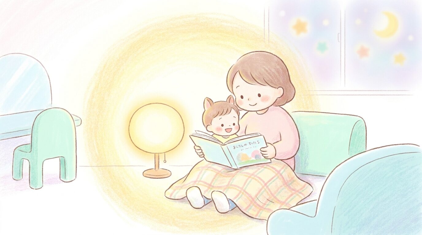 薄暗い暖色の照明のもとで、母親が小さな子どもを膝に乗せて絵本を読み聞かせている穏やかな夜のシーン