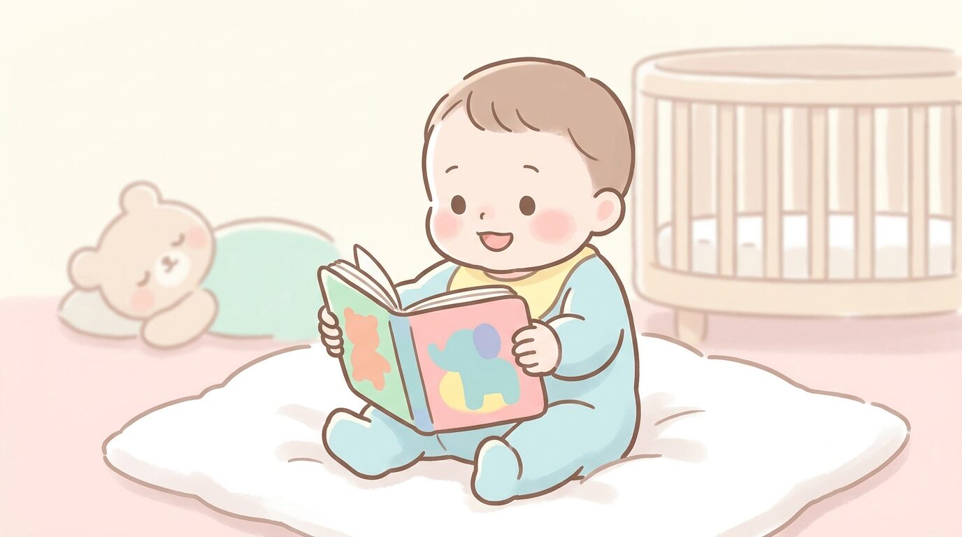 カラフルな赤ちゃん向け絵本を手に取って興味深そうに見つめる生後数ヶ月の赤ちゃんの様子