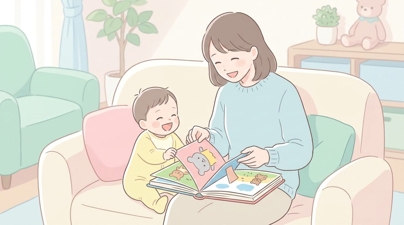 ソファでしかけ絵本のフラップを一緒にめくって笑い合う母親と1歳の赤ちゃん