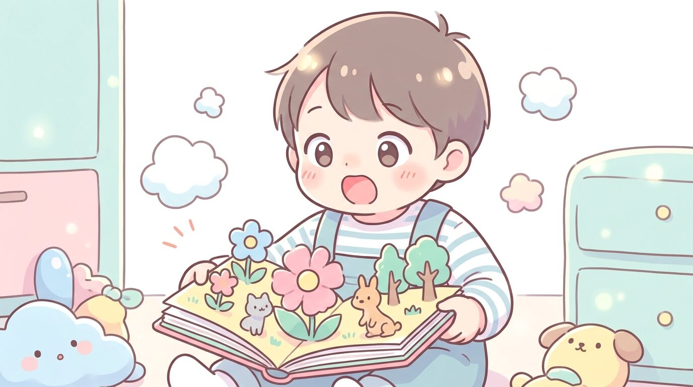 飛び出すしかけ絵本のページを開いて驚いた表情を浮かべる2歳の子ども