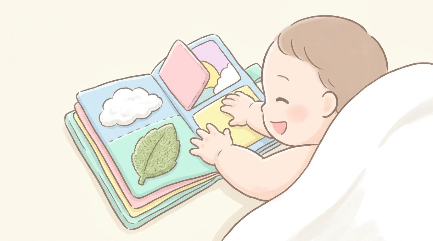 ふわふわ素材やざらざら素材が使われた布製のしかけ絵本に手を伸ばす赤ちゃん