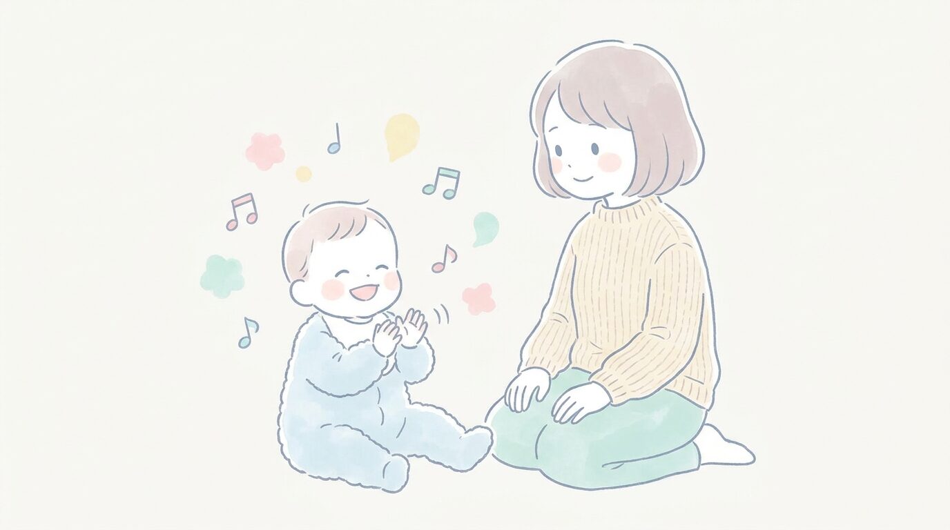 音楽に合わせて笑顔で手を叩く生後8か月ほどの赤ちゃんと、見守る母親の柔らかな雰囲気