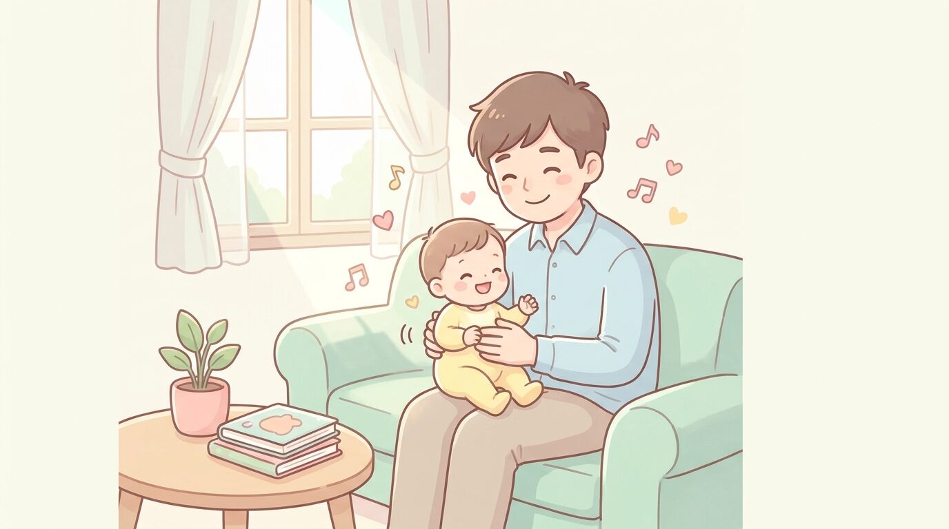リビングで赤ちゃんを膝に乗せ、歌いながら優しく揺らして遊ぶ父親の温かい光景