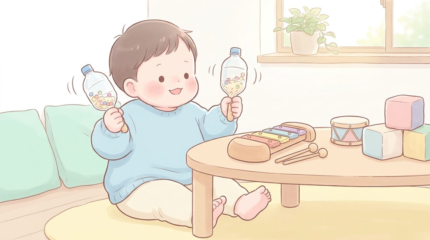 テーブルの上でお米やビーズを入れた手作りペットボトルマラカスを振って遊ぶ2歳くらいの子ども