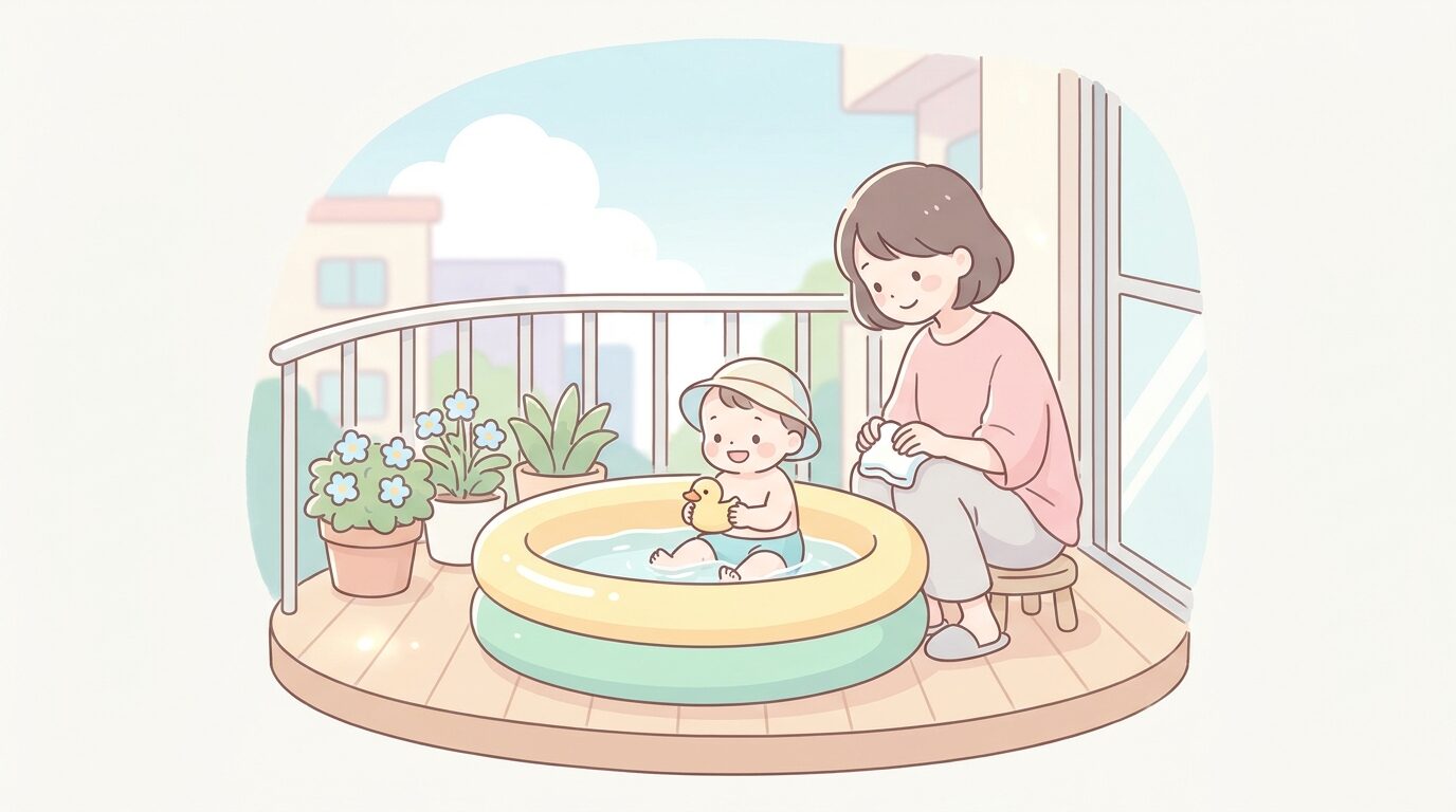 マンションのベランダで小さなビニールプールに座り、笑顔で水遊びを楽しむ1歳ほどの赤ちゃんと見守る母親