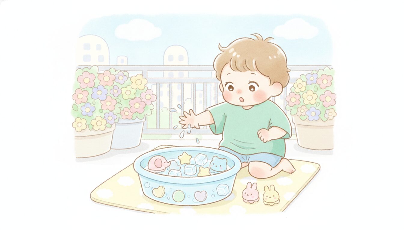ベランダで色とりどりの氷やおもちゃが入ったたらいに手を伸ばし、ひんやりした感触に驚く2歳くらいの子ども