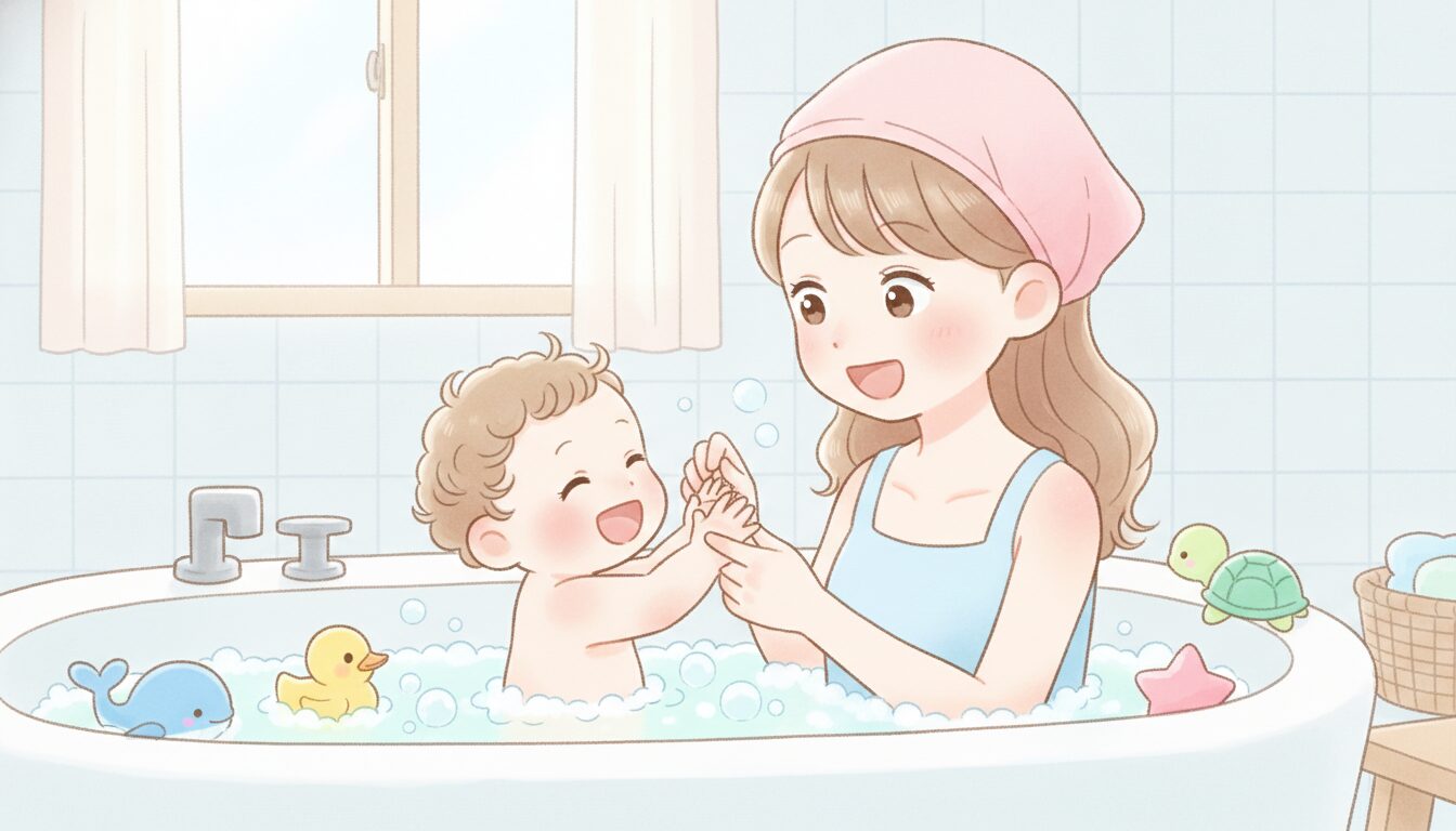 湯船で母親と一緒に指を折りながら数を数えて笑う1歳の赤ちゃん、明るく清潔感のある浴室