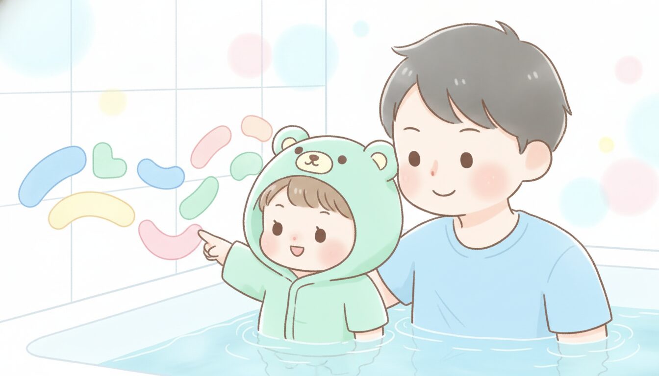 お風呂の壁に貼られたカラフルなひらがなポスターを指さす2歳児と見守る父親