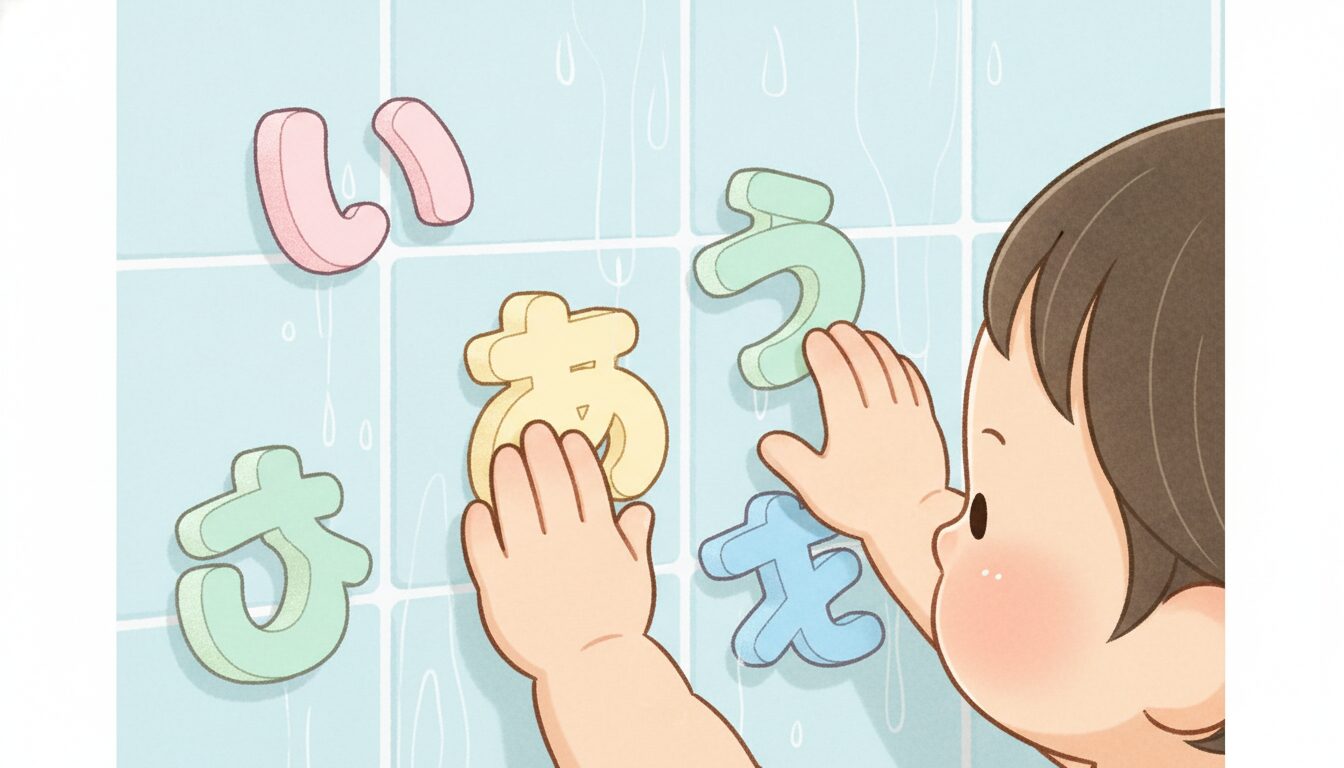 スポンジ素材のひらがなパーツを浴室の壁に貼って遊ぶ1歳半ごろの幼児の手元アップ
