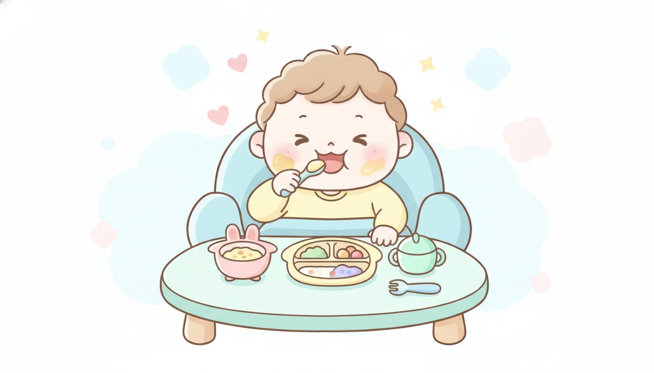 ベビーチェアに座ってカラフルな離乳食用の食器でごはんを食べる笑顔の赤ちゃん
