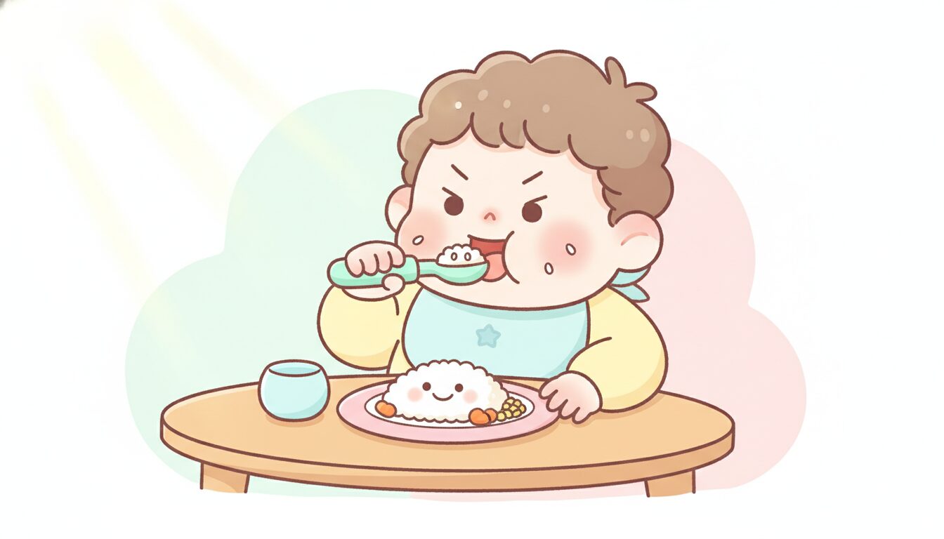自分でスプーンを握って一生懸命ごはんを口に運ぼうとする1歳ごろの幼児