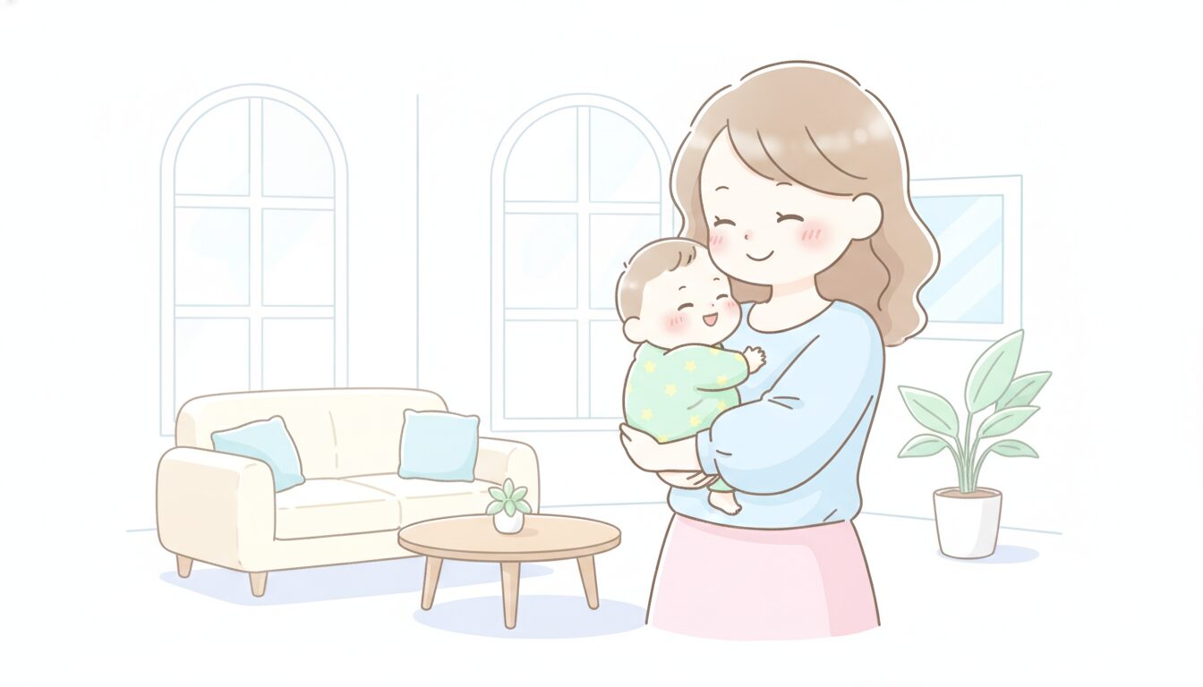 明るいリビングで赤ちゃんを抱きしめて優しく微笑む30代の母親