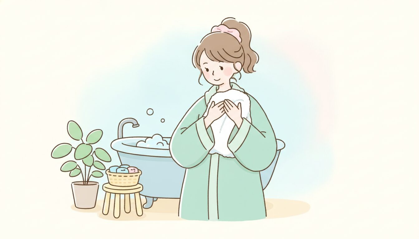 浴室でタオルを手にケアをするイメージのやわらかい雰囲気の女性