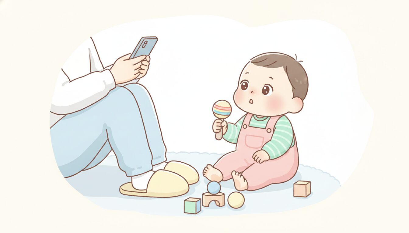スマホに集中する親の足元で、おもちゃを手に持ちながら親の顔を見上げる1歳ほどの幼児
