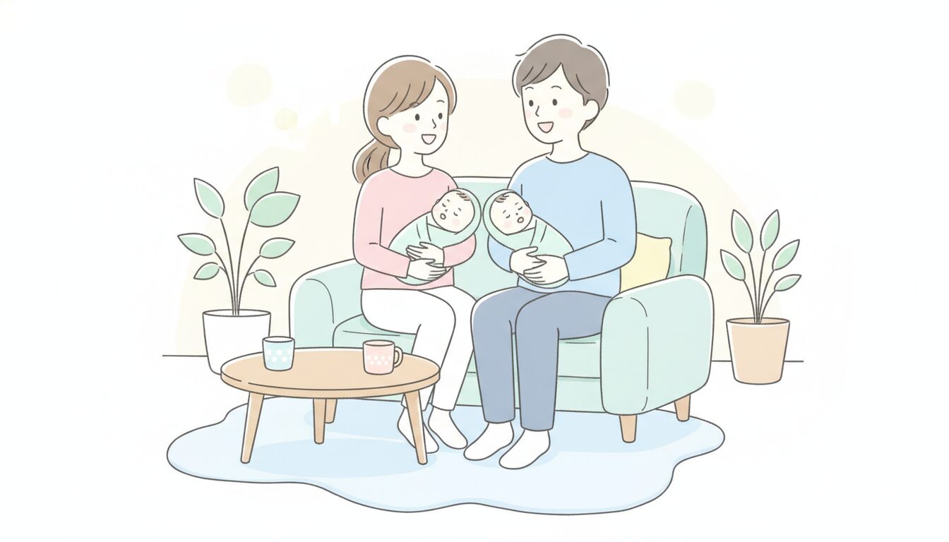 赤ちゃんを抱っこしながら笑顔で会話する20〜30代の夫婦、明るいリビングの雰囲気
