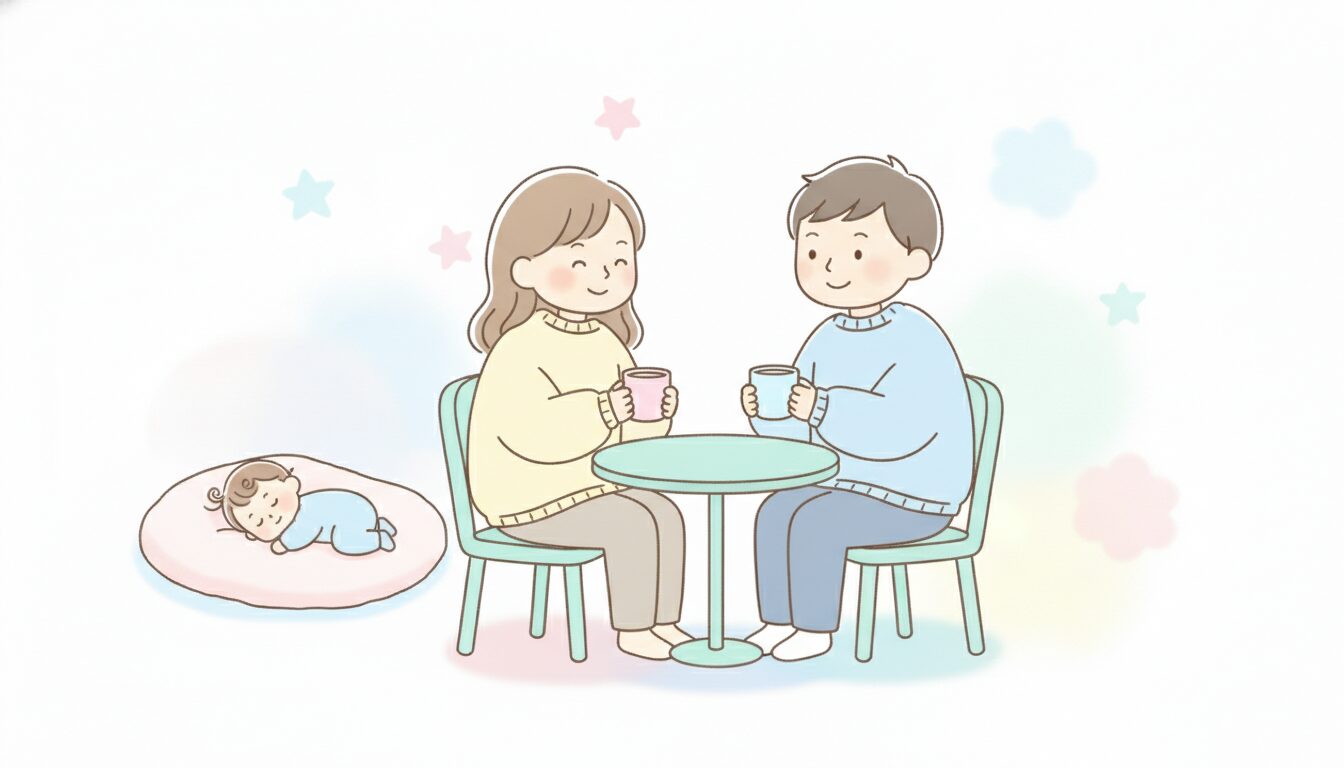 子どもが昼寝している横で、コーヒーを片手に向かい合って笑顔で話す夫婦