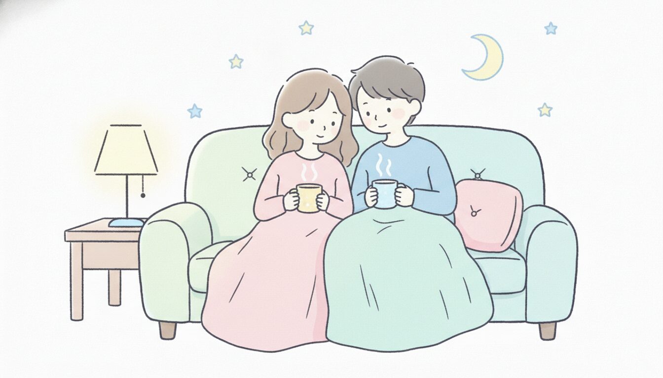 夜、子どもが寝た後にソファで寄り添って温かい飲み物を飲む夫婦のシルエット