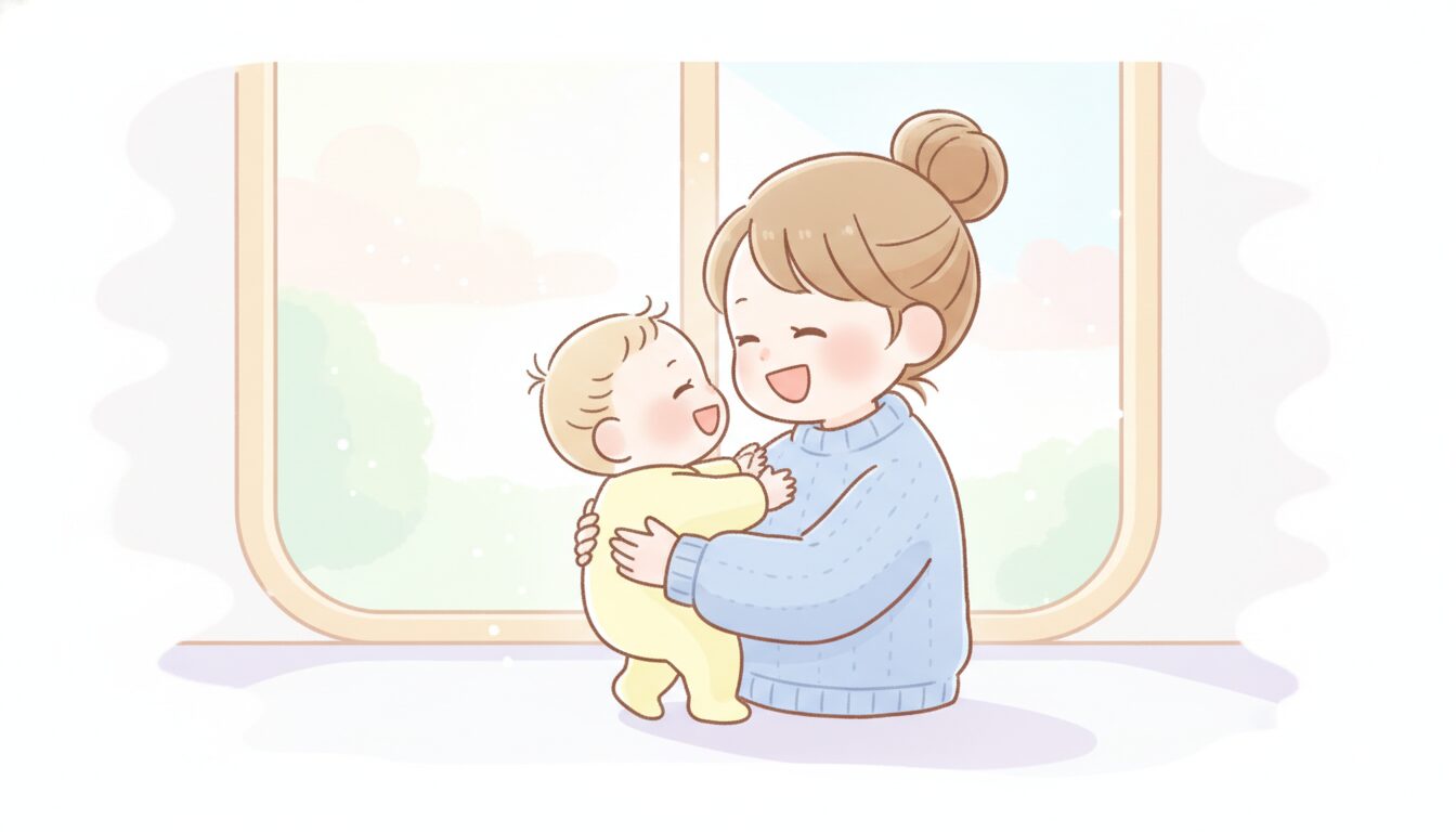 窓辺の柔らかな光の中で赤ちゃんと笑い合う母親の温かい日常シーン