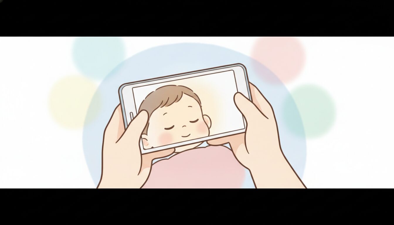 スマートフォンで我が子の寝顔を撮影する親の手元のクローズアップ