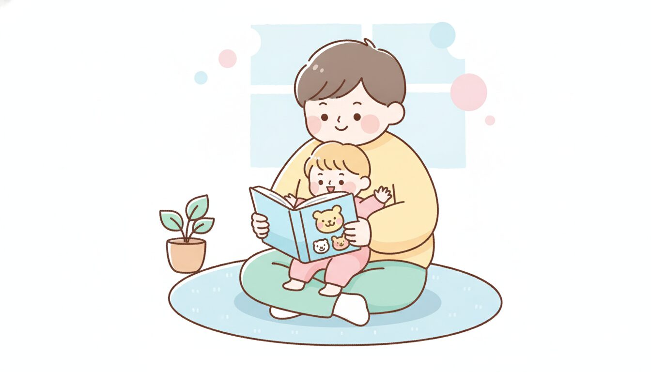 膝の上に子どもを乗せて一緒に絵本を読む親子のくつろいだ様子