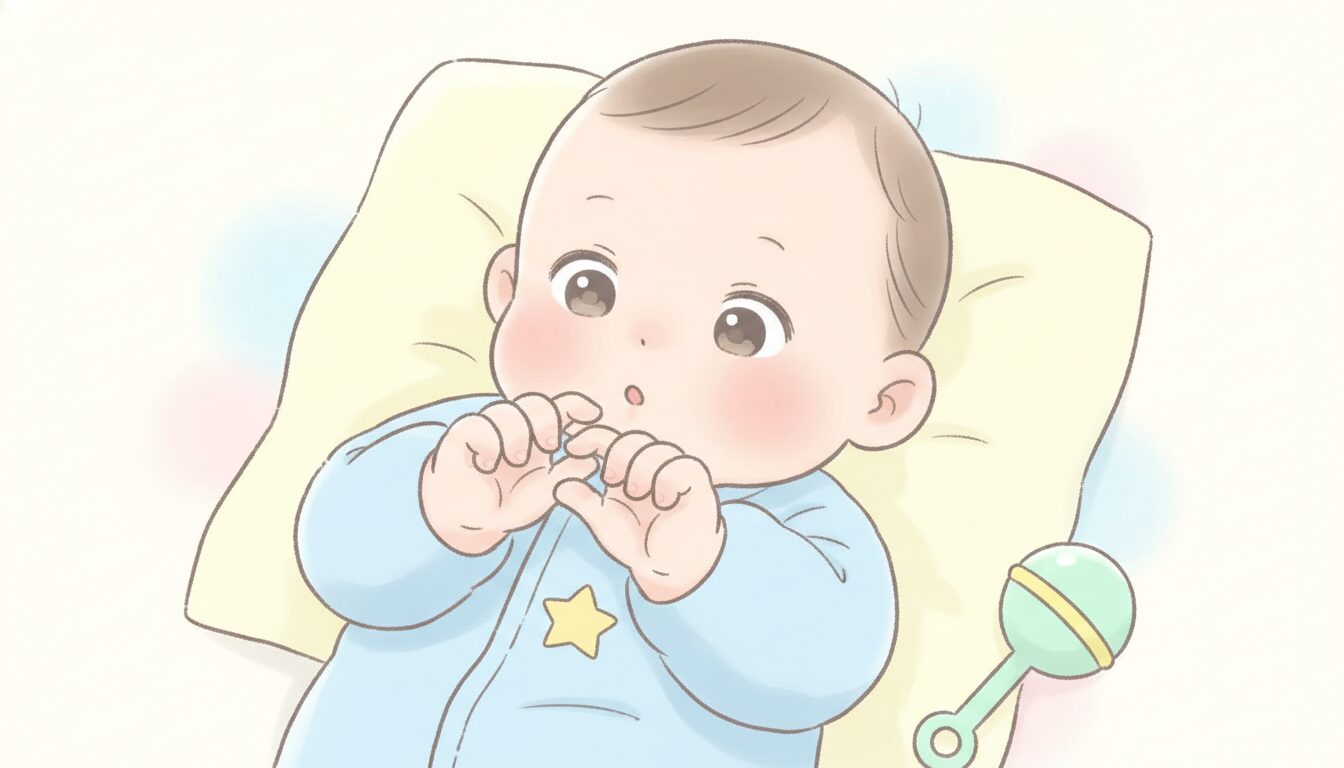 自分の両手をじっと見つめるハンドリガードをしている赤ちゃんのアップ