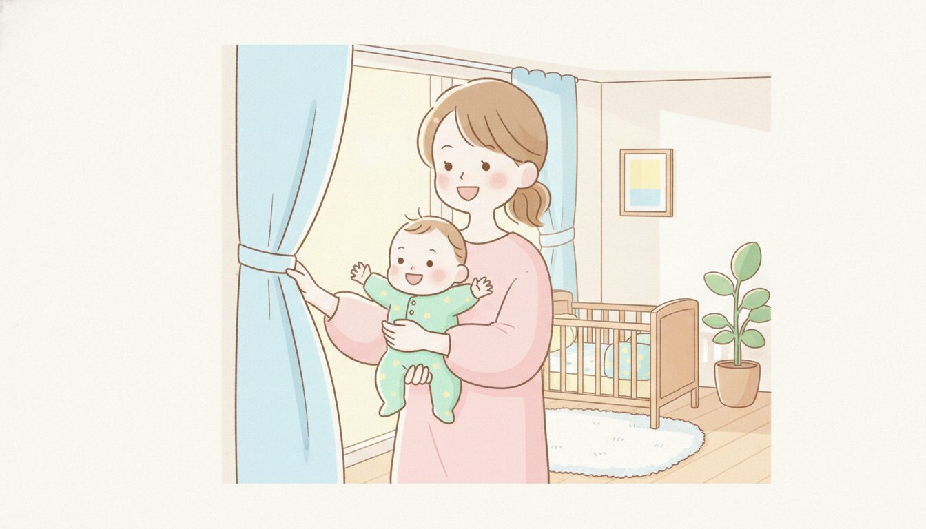 朝の光が差し込む寝室で、カーテンを開けて赤ちゃんに笑いかけるママ
