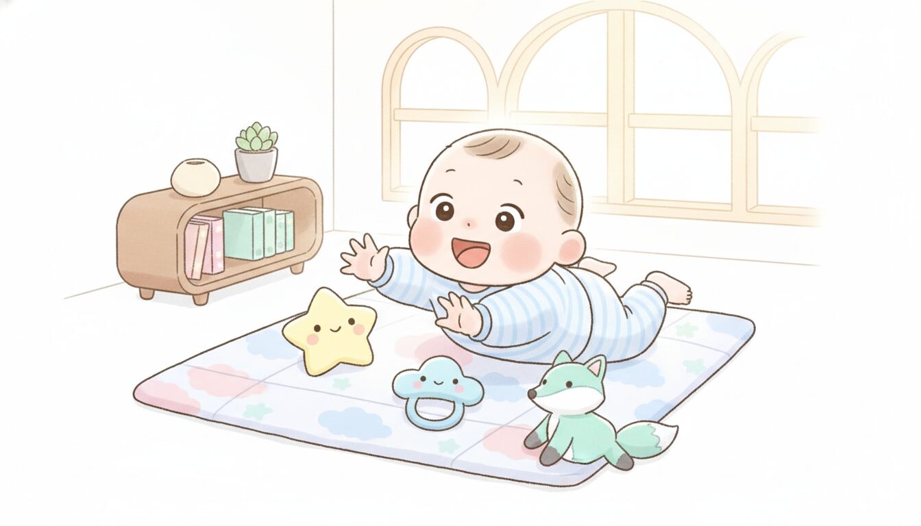 明るいリビングでマットの上に寝かされ、おもちゃに手を伸ばしてご機嫌に笑う生後5ヶ月の赤ちゃん