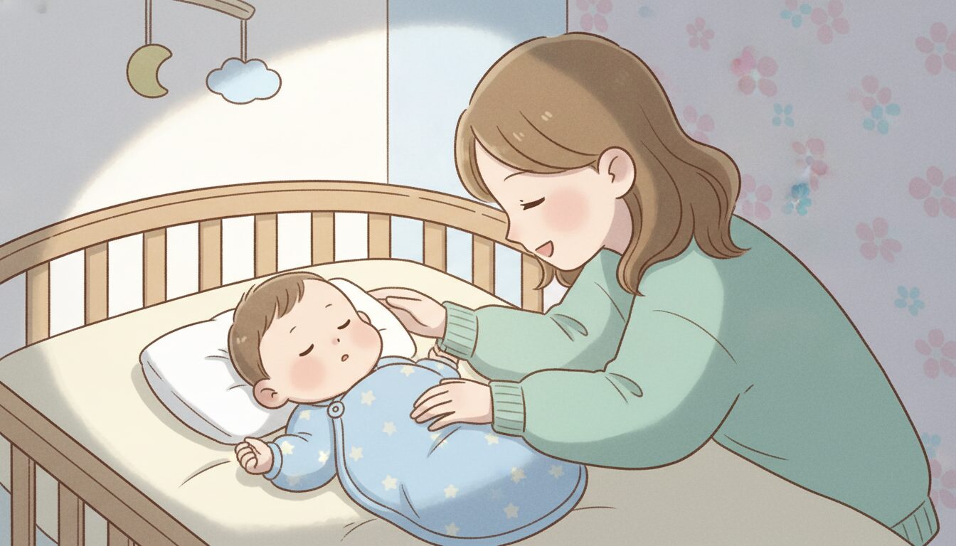 薄暗くした寝室でスリーパーを着て安心した表情で眠る赤ちゃんと、そっと見守る母親