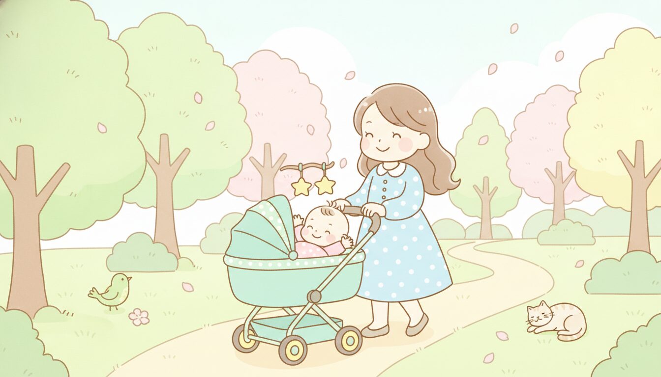 昼下がりの公園でベビーカーに乗った赤ちゃんとお散歩を楽しむ親子