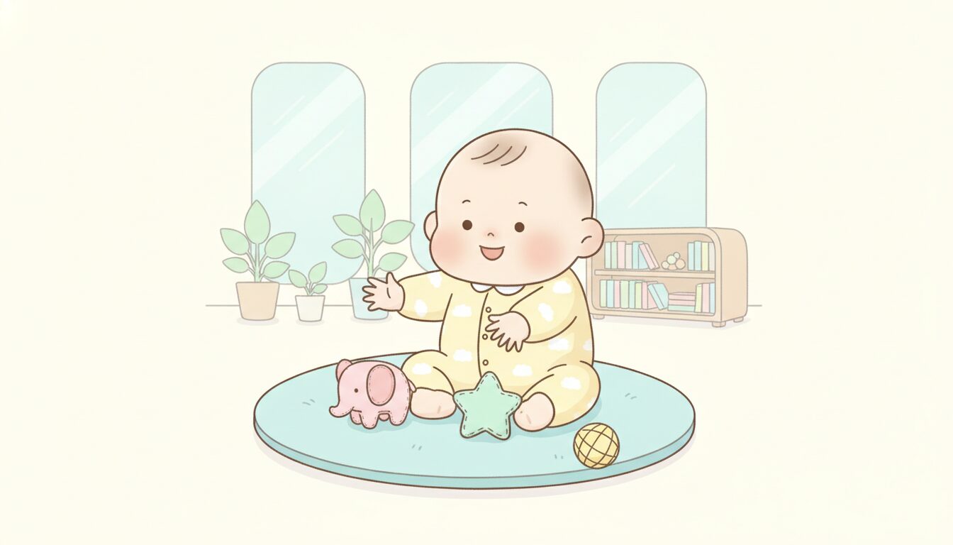 明るいリビングでお座りしながらおもちゃに手を伸ばす笑顔の赤ちゃん