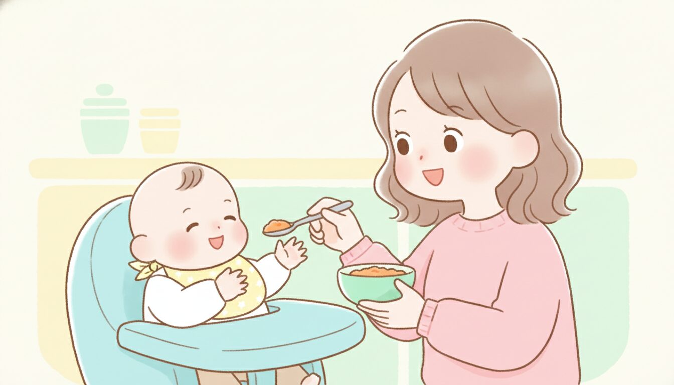 ベビーチェアに座りスプーンから離乳食を食べる赤ちゃんと笑顔の母親