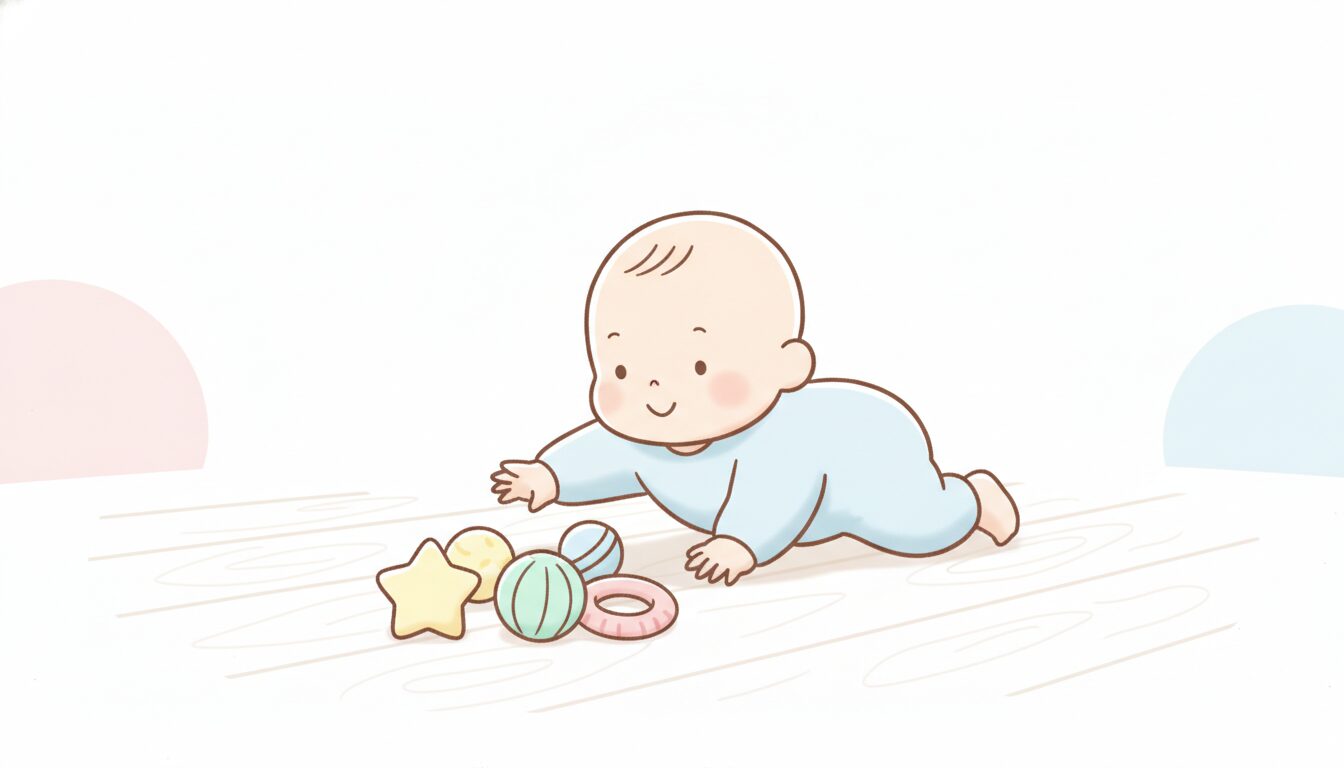 フローリングでずりばいをしながらカラフルなおもちゃに手を伸ばす赤ちゃん