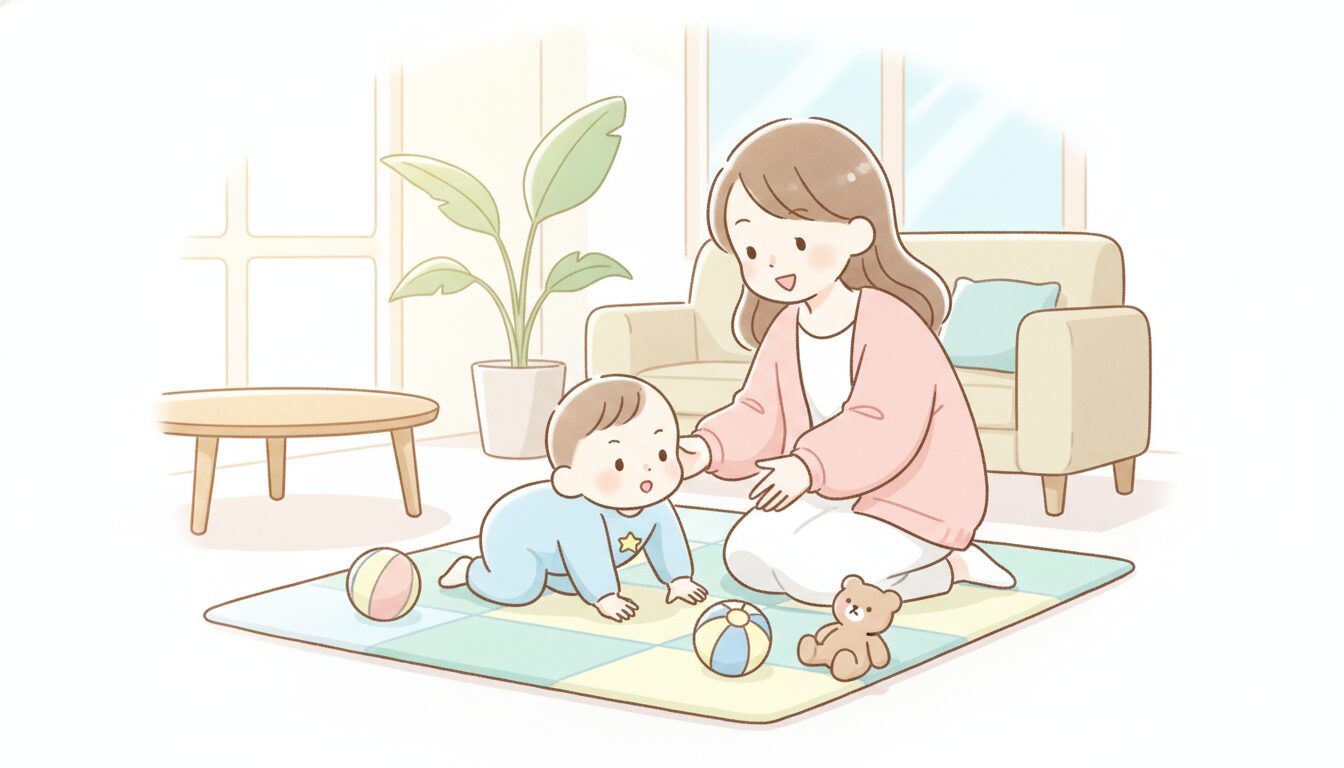 明るいリビングのプレイマットの上でハイハイしようとする生後8ヶ月の赤ちゃんと笑顔で見守る母親