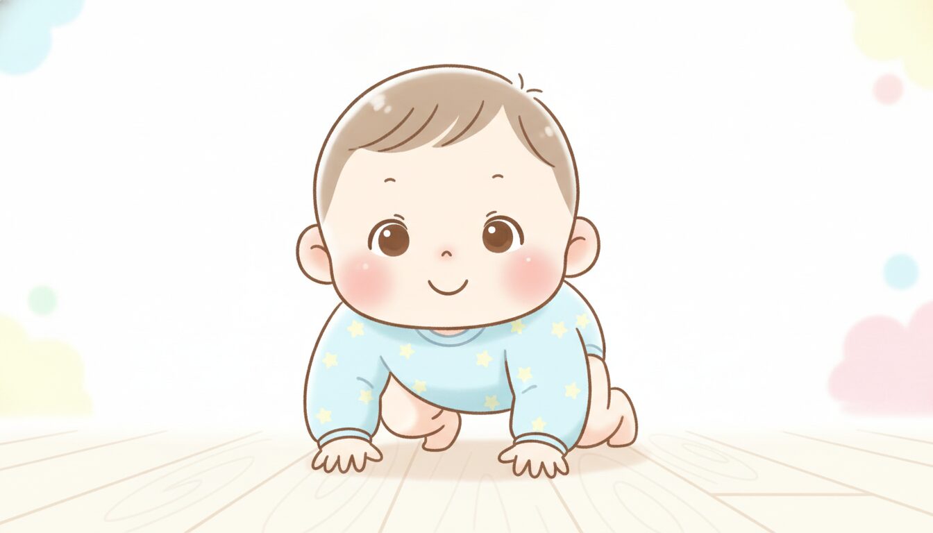 フローリングの広いスペースで両手両膝をついてハイハイの姿勢をとる赤ちゃんのアップ